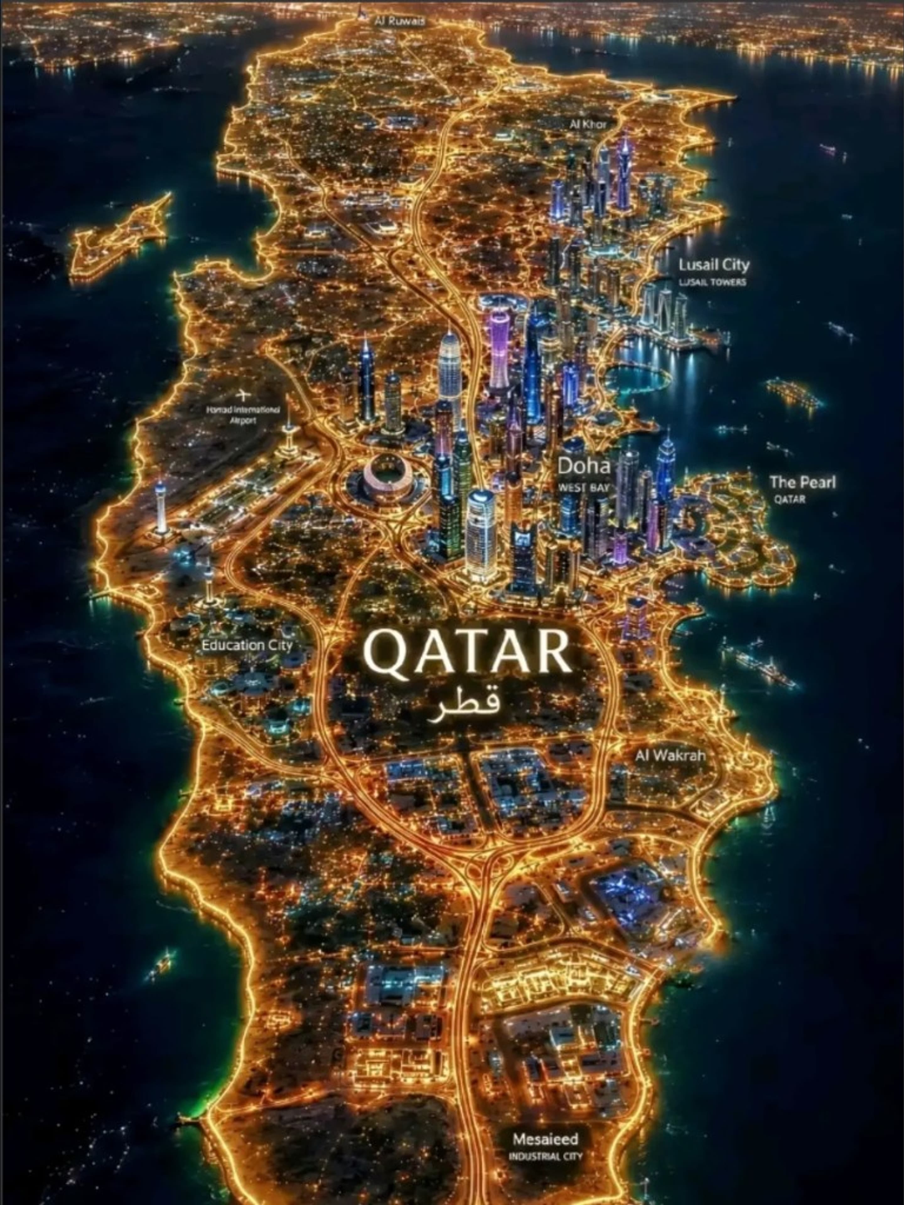 Night map of Qatar — Pak Arabian coverage across Doha and beyond